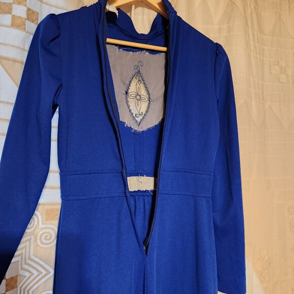 👑 VTG 70s Mikey Jrs Maxi Gown Royal Blue Ruffle High Collar Formal 💙 - Picture 7 of 9